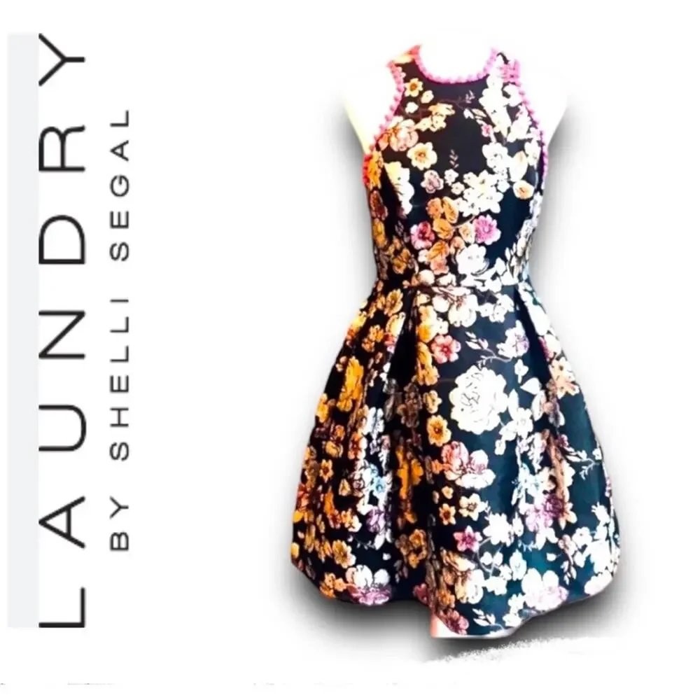 LAUNDRY black pink floral brocade Pom Pom trimmed Fit and Flare dress SZ 0 - Picture 2 of 11